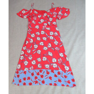 Roz & Ali Dress Womens 16P Red Floral Ruffle Maxi Cold Shoulder Prairie Cottage
